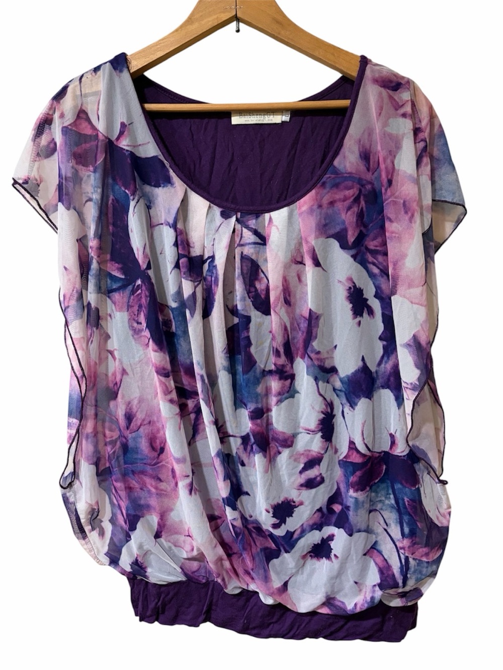 BaiShengGT Sheer Floral Blouson Top — Purple, Pink & Blue Watercolor Print